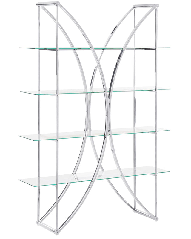 4 Tier Bookcase Metal Silver with Glass Shelves Glamour Style Storage Solution Beliani