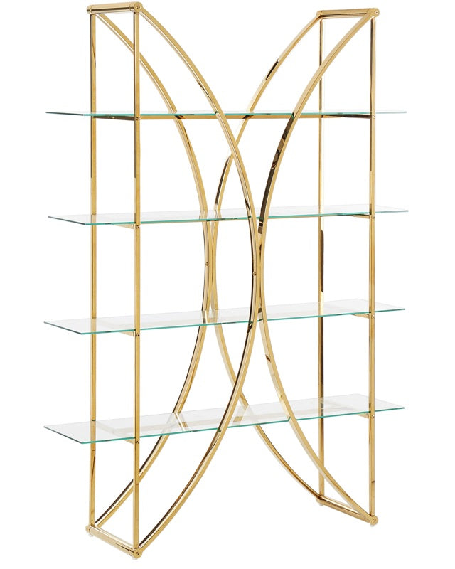 4 Tier Bookcase Metal Gold with Glass Shelves Glamour Style Storage Solution Beliani