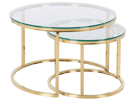 2 Piece Nest of Tables Gold Stainless Steel Frame Tempered Glass Round Tabletop Glamour Beliani