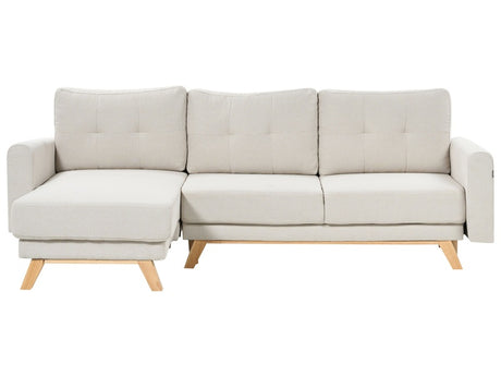 Right Corner Sofa Beige Fabric Upholstered with Sleeper Function Pull Out Cushioned Back Wooden Legs Beliani