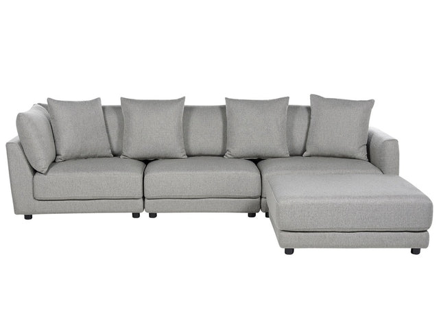 3-Seater Sofa Light Grey Polyester Fabric Upholstery Couch with Ottoman Footstool Extra Throw Cushions Beliani