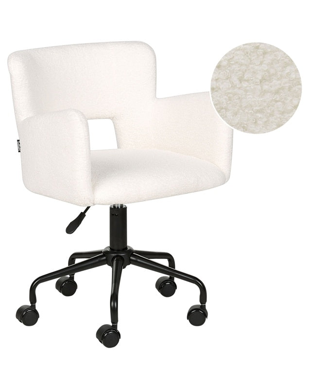 Office Chair White Boucle with Armrests Cut-Out Backrest Adjustable Height Tufted Back Black Metal Starbase Beliani