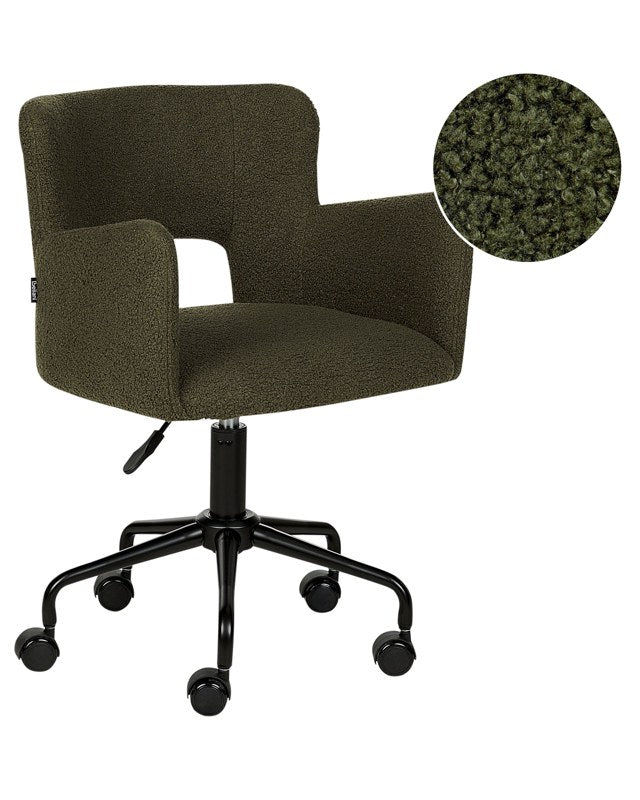 Office Chair Green Boucle with Armrests Cut-Out Backrest Adjustable Height Tufted Back Black Metal Starbase Beliani