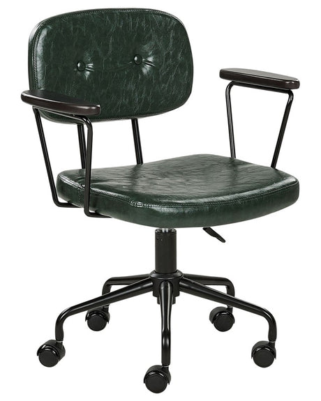 Office Chair Dark Green Faux Leather Swivel Adjustable Height with Armrests Home Office Study Traditional Beliani