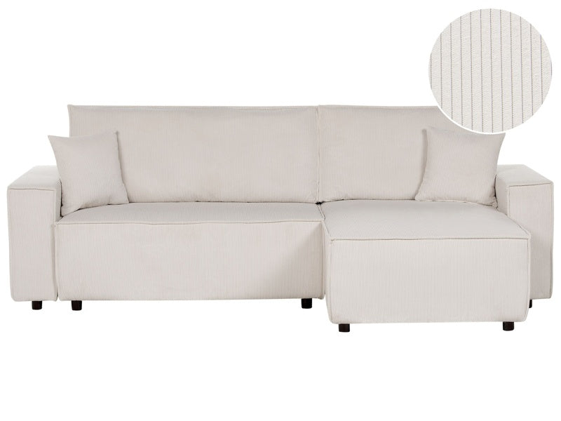 Left Corner Sofa Off-White Fabric Cord Upholstered with Sleeper Function Pull Out Cushioned Back Beliani