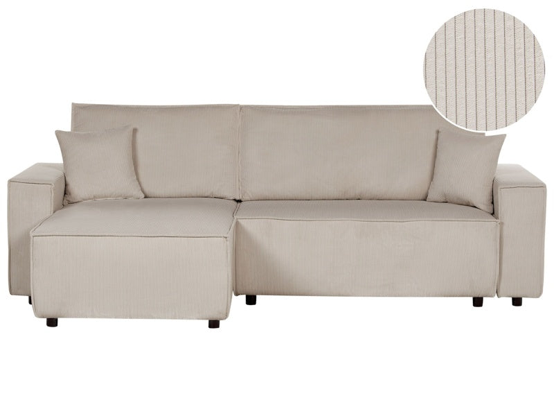 Right Corner Sofa Beige Fabric Cord Upholstered with Sleeper Function Pull Out Cushioned Back Beliani