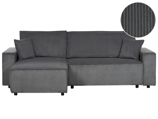 Right Corner Sofa Graphite Grey Fabric Cord Upholstered with Sleeper Function Pull Out Cushioned Back Beliani