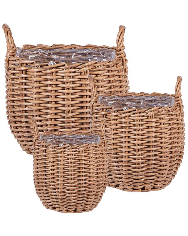 Set of 3 Plant Baskets Brown PE Rattan Round with Handles Synthetic Inlay Beliani