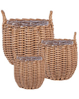 Set of 3 Plant Baskets Brown PE Rattan Round with Handles Synthetic Inlay Beliani