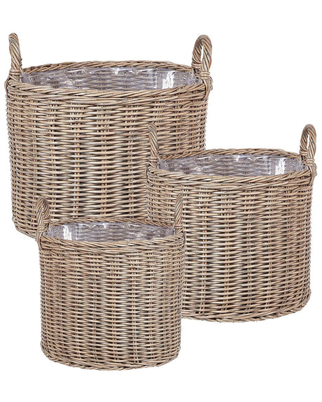 Set of 3 Plant Baskets Brown PE Rattan Round with Handles Synthetic Inlay Beliani