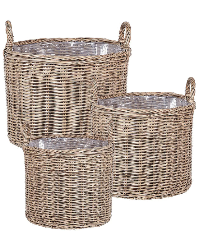 Set of 3 Plant Baskets Brown PE Rattan Round with Handles Synthetic Inlay Beliani