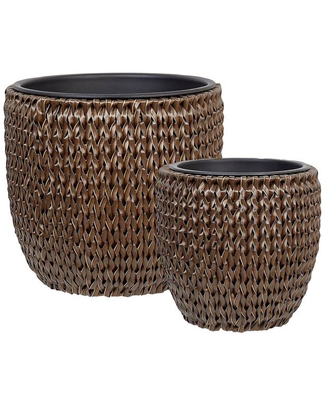 Set of 2 Plant Pots Brown PE Rattan Round Indoor Outdoor with Plastic Insert Beliani