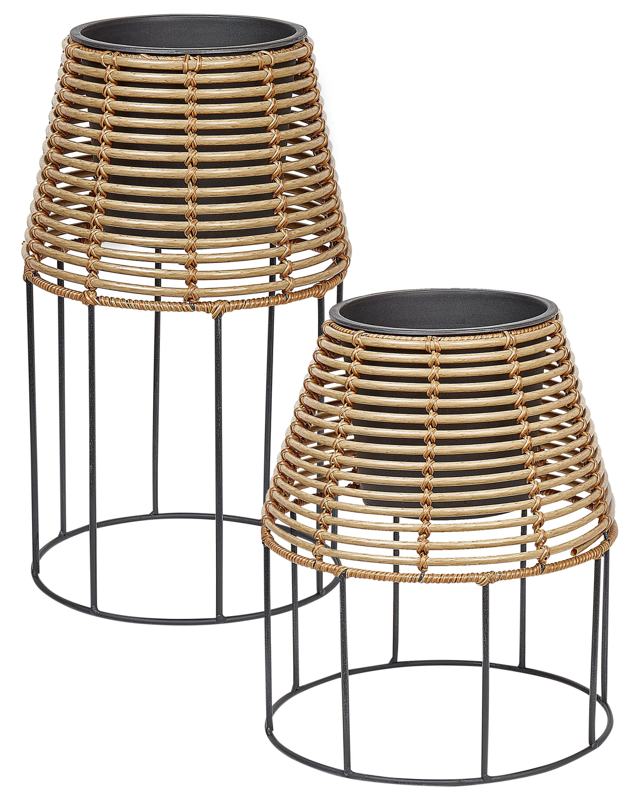 Set of 2 Plant Pot Stands Brown PE Rattan Round Indoor Outdoor with plastic insert Beliani