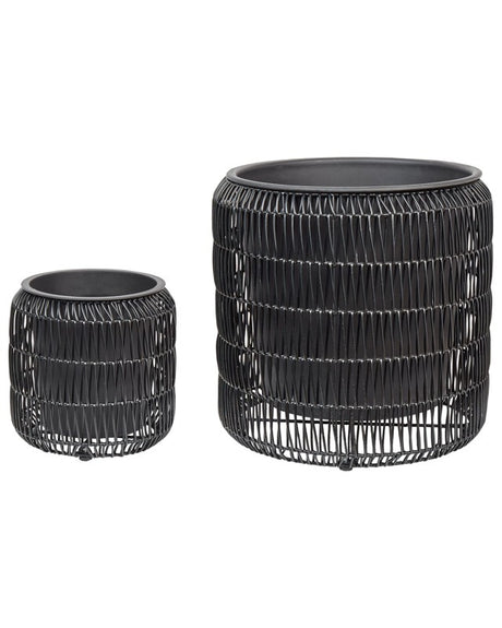 Set of 2 Plant Pots Black PE Rattan Round Indoor Outdoor with Plastic Insert Beliani