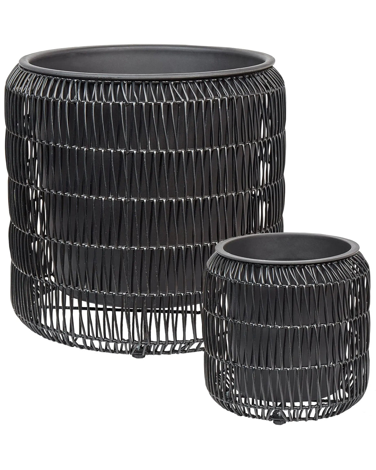 Set of 2 Plant Pots Black PE Rattan Round Indoor Outdoor with Plastic Insert Beliani
