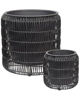 Set of 2 Plant Pots Black PE Rattan Round Indoor Outdoor with Plastic Insert Beliani