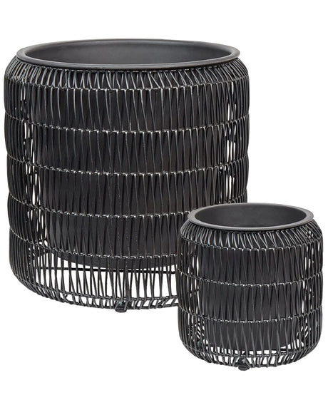Set of 2 Plant Pots Black PE Rattan Round Indoor Outdoor with Plastic Insert Beliani