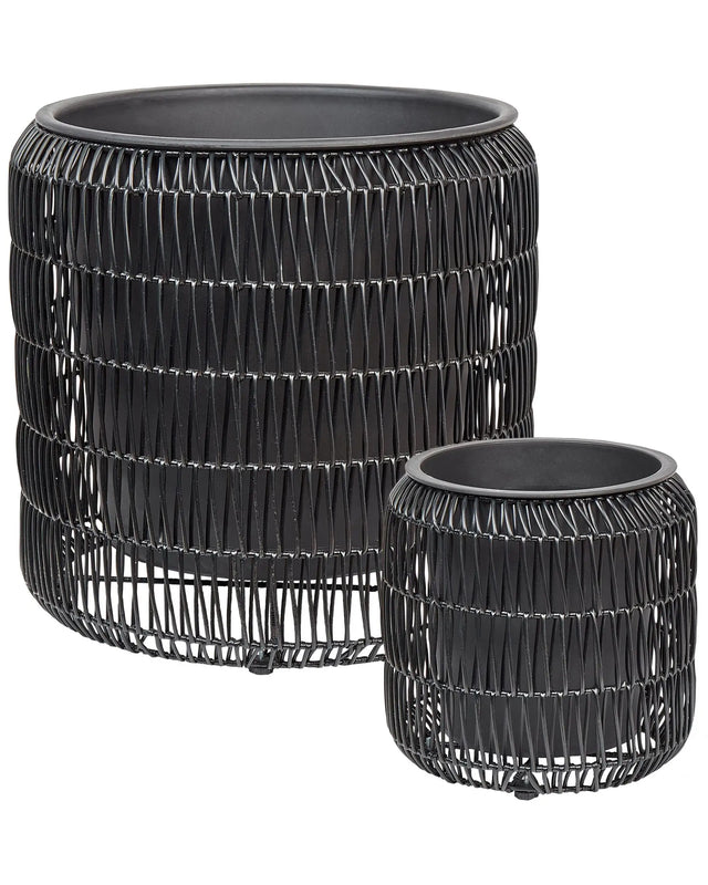 Set of 2 Plant Pots Black PE Rattan Round Indoor Outdoor with Plastic Insert Beliani