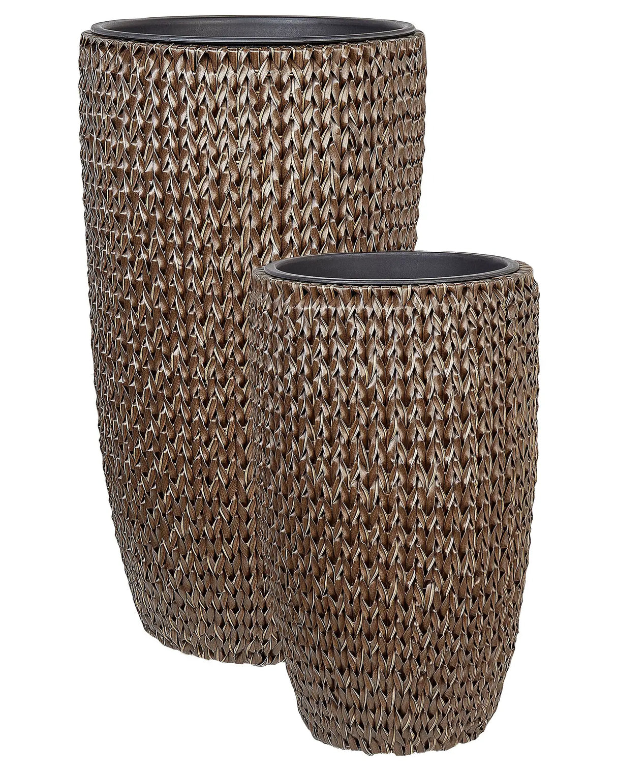 Set of 2 Plant Pots Brown PE Rattan Round Indoor Outdoor with Plastic Insert Beliani