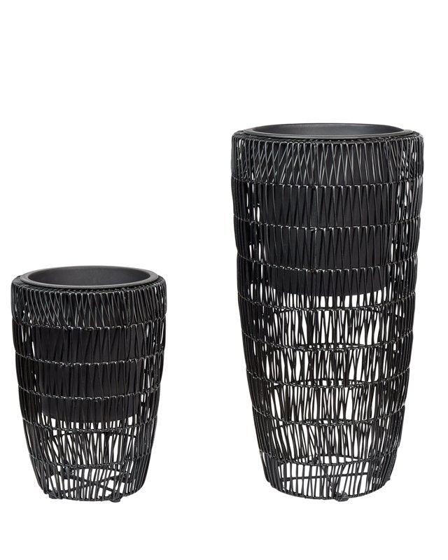 Set of 2 Plant Pots Black PE Rattan Round Indoor Outdoor with Plastic Insert Beliani