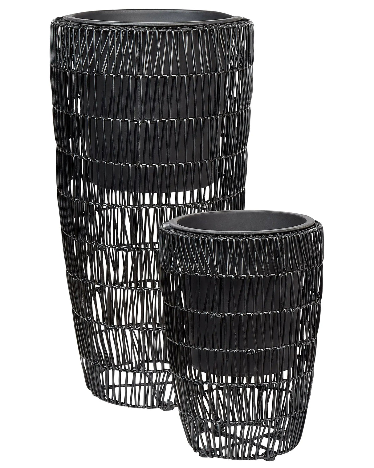 Set of 2 Plant Pots Black PE Rattan Round Indoor Outdoor with Plastic Insert Beliani
