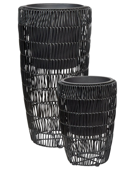 Set of 2 Plant Pots Black PE Rattan Round Indoor Outdoor with Plastic Insert Beliani