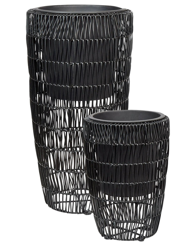 Set of 2 Plant Pots Black PE Rattan Round Indoor Outdoor with Plastic Insert Beliani