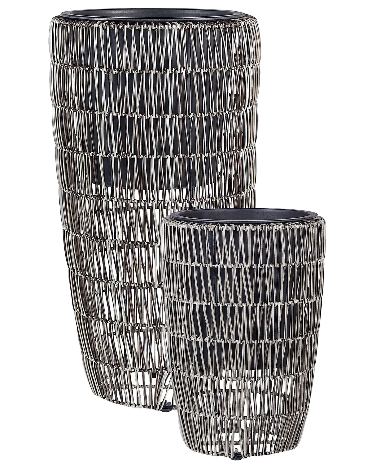 Set of 2 Plant Pots Brown PE Rattan Round Indoor Outdoor with Plastic Insert Beliani