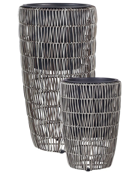 Set of 2 Plant Pots Brown PE Rattan Round Indoor Outdoor with Plastic Insert Beliani