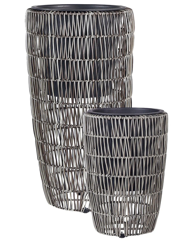 Set of 2 Plant Pots Brown PE Rattan Round Indoor Outdoor with Plastic Insert Beliani