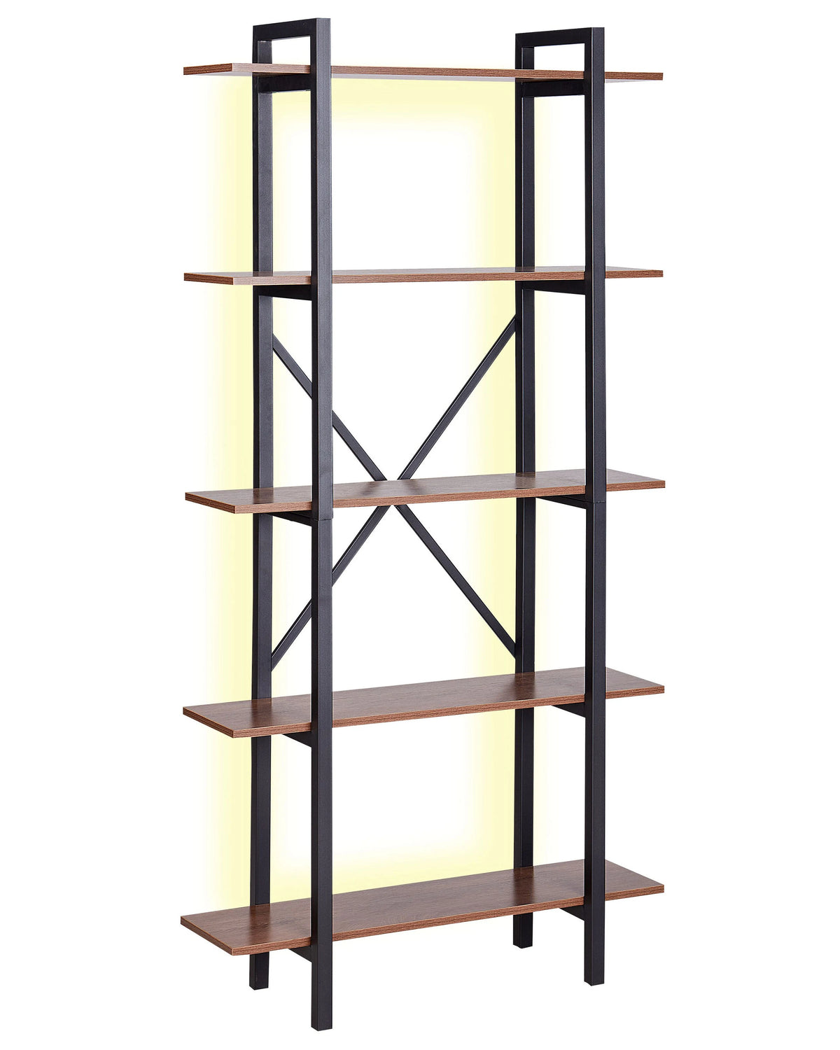 Bookcase Dark Wood Black Metal Steel Frame 5 Tier Open Back Adjustable Feet Industrial with LED Lights Beliani