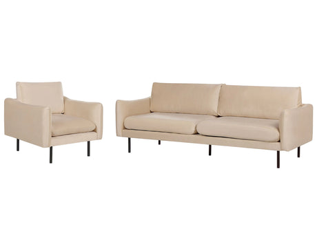 Living Room Set Beige Velvet Fabric Black Legs Corner Sofa 3 Seater Armchair Modern Retro Style Beliani