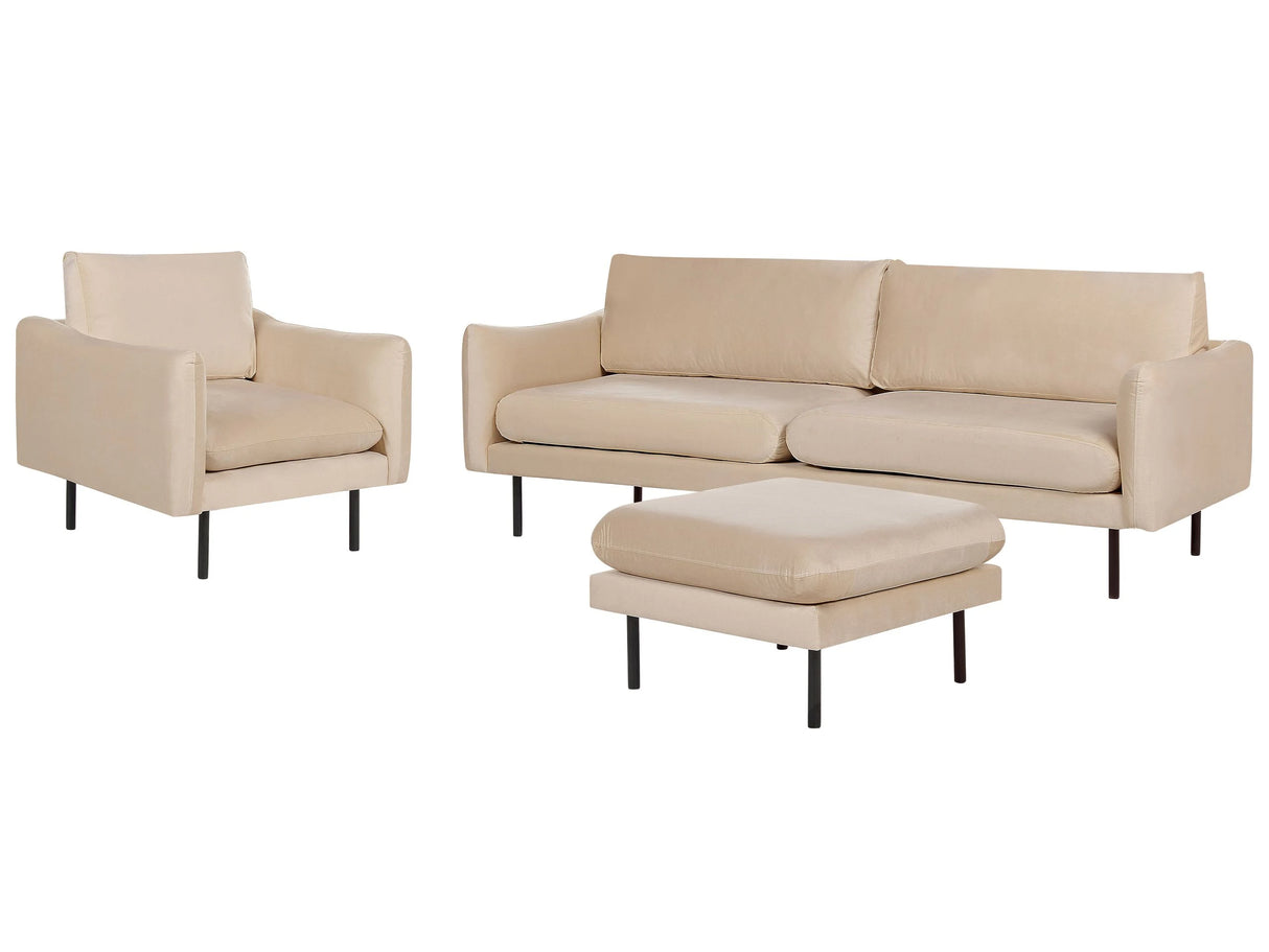 Living Room Set with Ottoman Beige Velvet Fabric Black Legs Corner Sofa 3 Seater Armchair Footstool Modern Retro Style Beliani