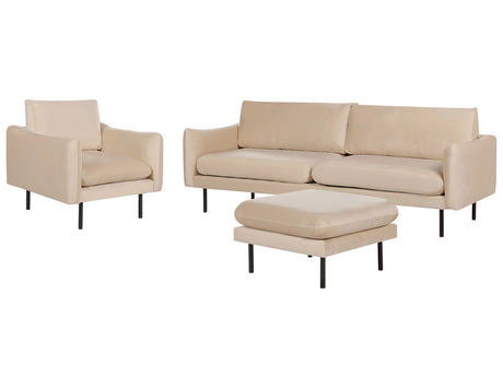 Living Room Set with Ottoman Beige Velvet Fabric Black Legs Corner Sofa 3 Seater Armchair Footstool Modern Retro Style Beliani