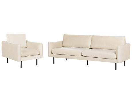 Living Room Set Light Beige Velvet Fabric Black Legs Corner Sofa 3 Seater Armchair Modern Retro Style Beliani