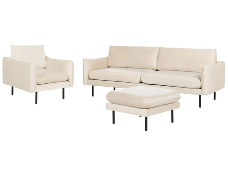 Living Room Set with Ottoman Light Beige Velvet Fabric Black Legs Corner Sofa 3 Seater Armchair Footstool Modern Retro Style Beliani