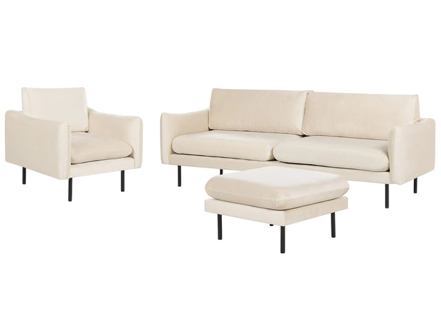 Living Room Set with Ottoman Light Beige Velvet Fabric Black Legs Corner Sofa 3 Seater Armchair Footstool Modern Retro Style Beliani