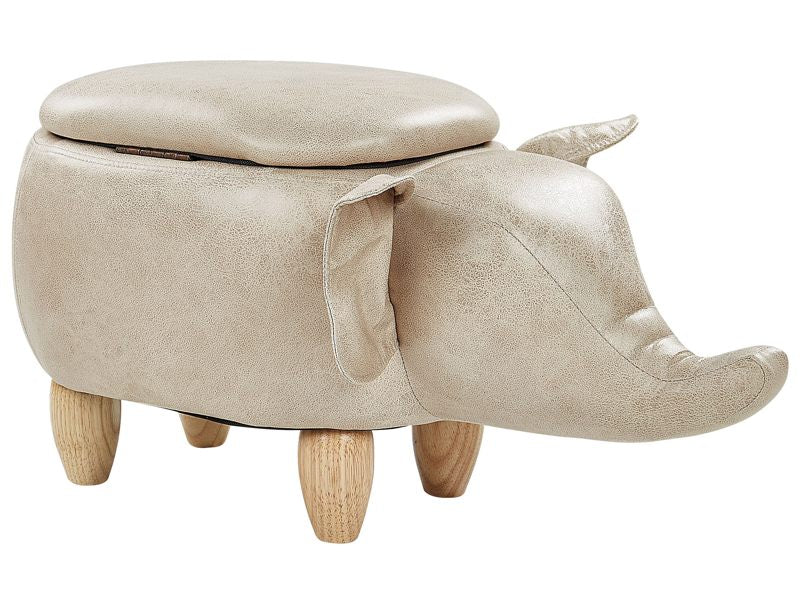 Animal Elephant Children Stool with Storage Taupe Faux Leather Wooden Legs Nursery Footstool Beliani