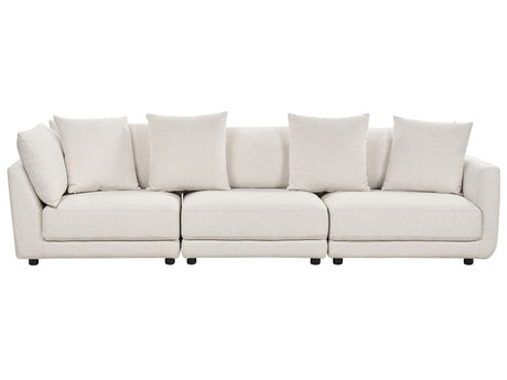 3-Seater Sofa Off-White Polyester Fabric Upholstery Couch Footstool Extra Throw Cushions Beliani