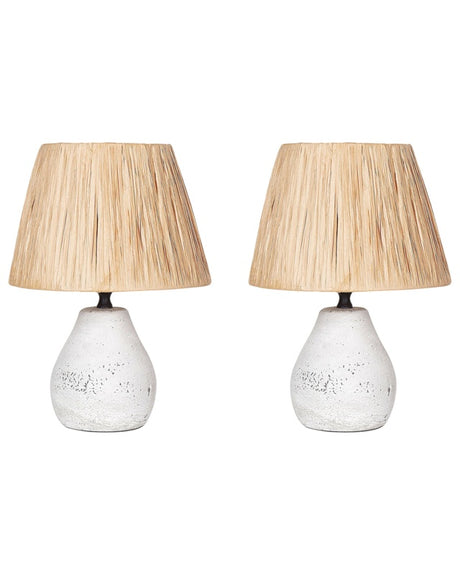 Set of 2 Table Lamps White and Natural Ceramic Paper Pulp Cone Shaped Shades Distressed Effect Minimalistic Design Beliani