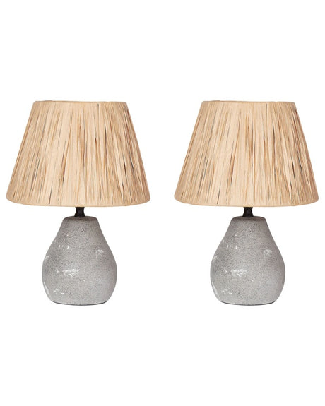 Set of 2 Table Lamps Grey and Natural Ceramic Paper Pulp Cone Shaped Shades Distressed Effect Minimalistic Design Beliani