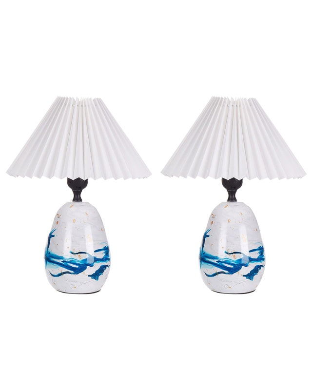 Set of 2 Table Lamps White and Blue Natural Ceramic Synthetic Cone Shaped Shades Minimalistic Modern Design Beliani