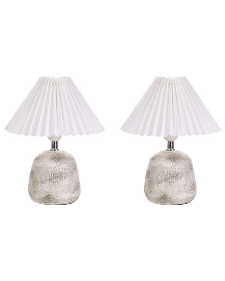 Set of 2 Table Lamps White and Grey Ceramic Base Pleated Synthetic Shade Bedside Table Night Light Beliani