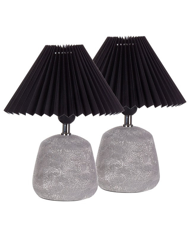 Set of 2 Table Lamps Black and Grey Ceramic Base Pleated Synthetic Shade Bedside Table Night Light Beliani