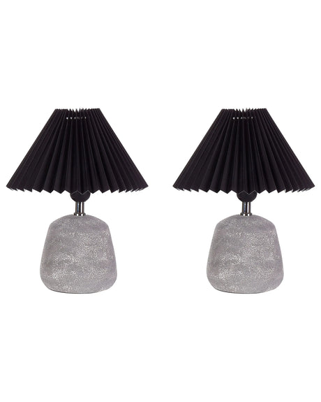 Set of 2 Table Lamps Black and Grey Ceramic Base Pleated Synthetic Shade Bedside Table Night Light Beliani