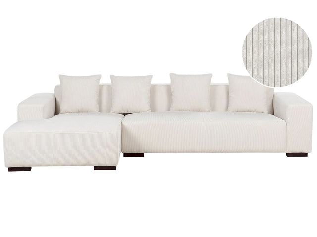 Right Hand Corner Sofa Off-White Corduroy L-Shaped 4 Seater Jumbo Cord with Throw Pillows Modern Design Beliani