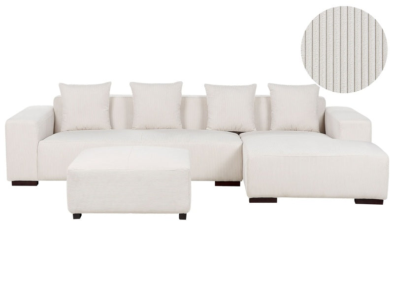 Left Hand Corner Sofa with Ottoman Off-White Corduroy L-Shaped 4 Seater Jumbo Cord with Throw Pillows Modern Design Beliani