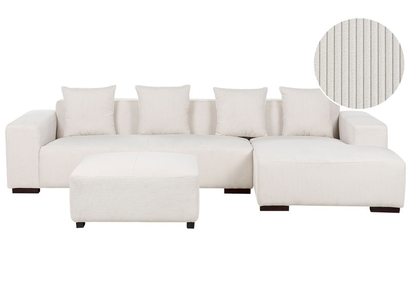 Left Hand Corner Sofa with Ottoman Off-White Corduroy L-Shaped 4 Seater Jumbo Cord with Throw Pillows Modern Design Beliani