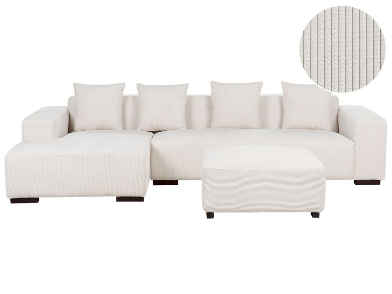 Right Hand Corner Sofa with Ottoman Off-White Corduroy L-Shaped 4 Seater Jumbo Cord with Throw Pillows Modern Design Beliani