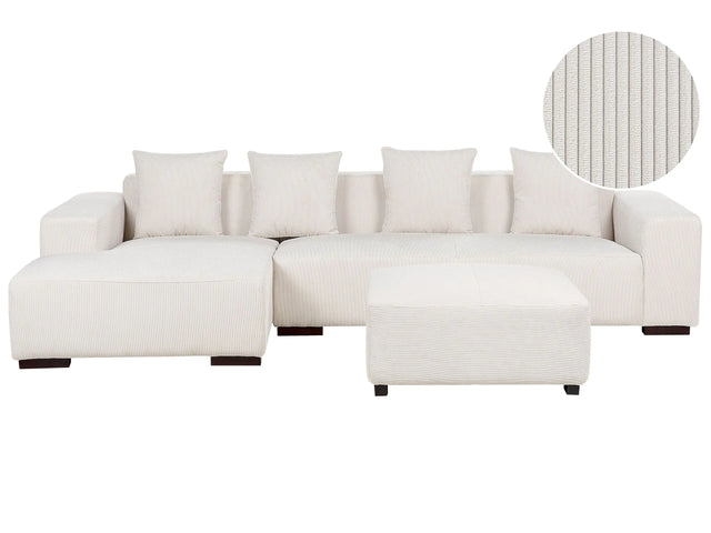 Right Hand Corner Sofa with Ottoman Off-White Corduroy L-Shaped 4 Seater Jumbo Cord with Throw Pillows Modern Design Beliani